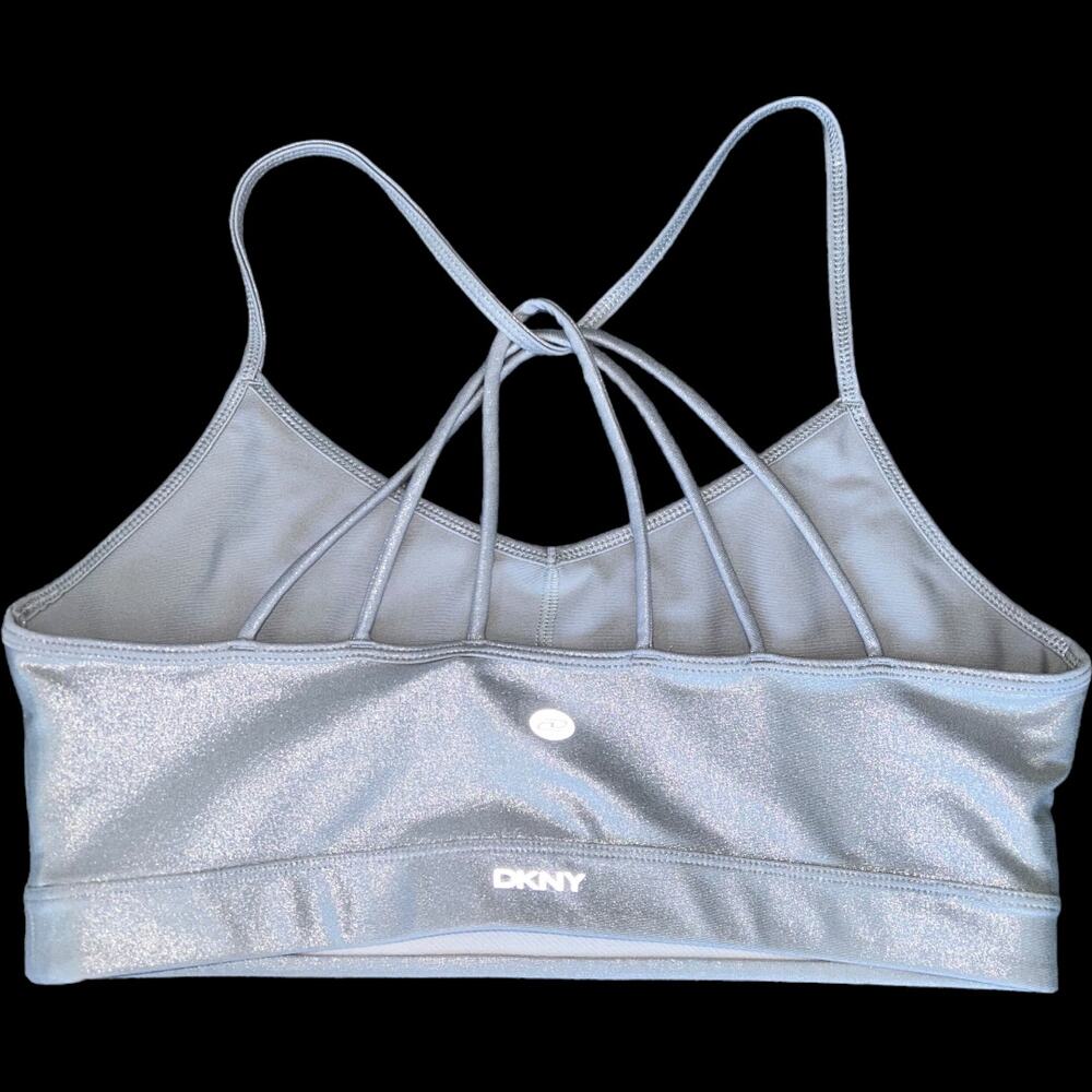 NWOT DKNY Sports Bra Low Support Strappy Racerback Metallic Silver Size Large